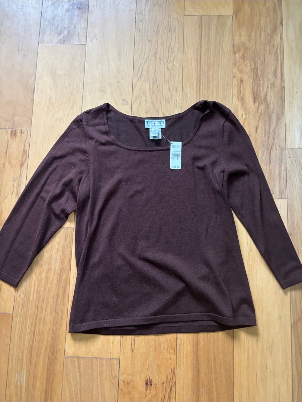 NWT Talbots silk blend brown knit top. 3/4 length sleeve size M.